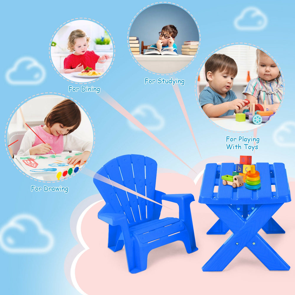 Blue 3-piece plastic children table and chair set, perfect for dining, studying, and playing in various settings.