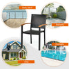 Stackable outdoor patio dining chair made of durable PE rattan with acacia wood armrests, ideal for garden and poolside.