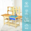Kid's outdoor wooden pretend cook kitchen playset made of natural fir wood with blue basin, ideal for imaginative play.