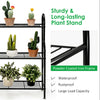 3-tier black metal plant stand with powder-coated iron frame, ideal for organizing plants and enhancing outdoor decor.