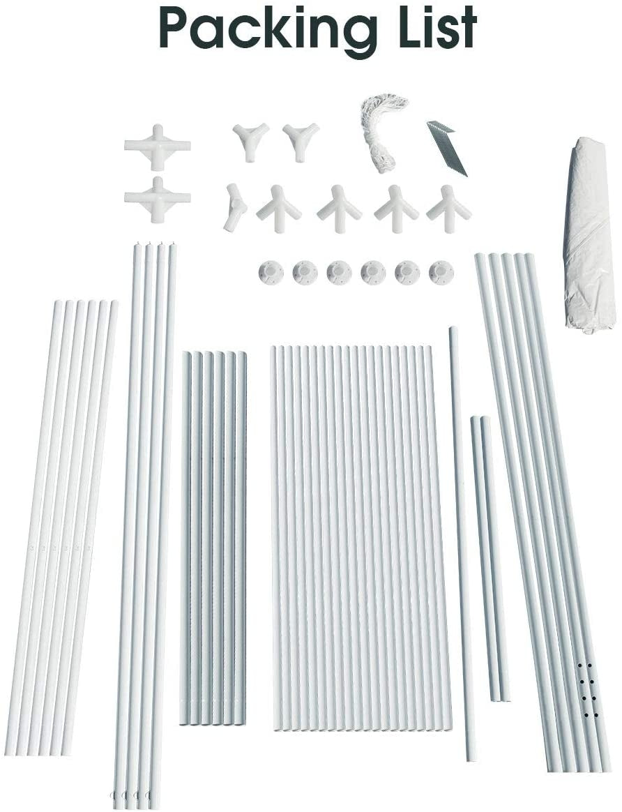 Packing list for the 10 x 20 feet waterproof canopy tent, featuring poles, connectors, and accessories for easy.