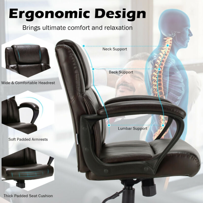 Adjustable leather executive office chair showcasing ergonomic design, padded seat, and armrests for ultimate comfort.
