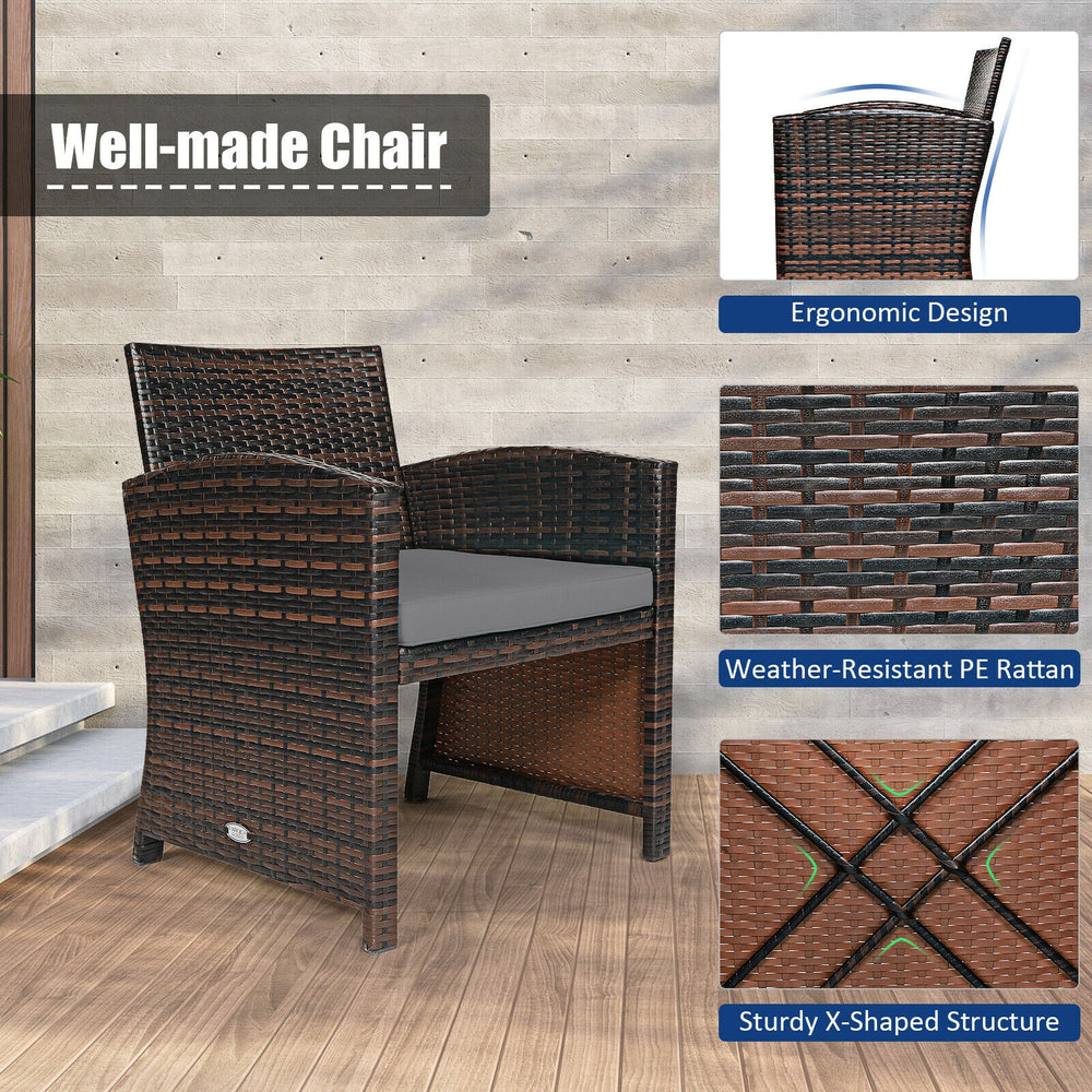 Well-made PE rattan chair with ergonomic design and gray cushion, perfect for garden or patio relaxation.