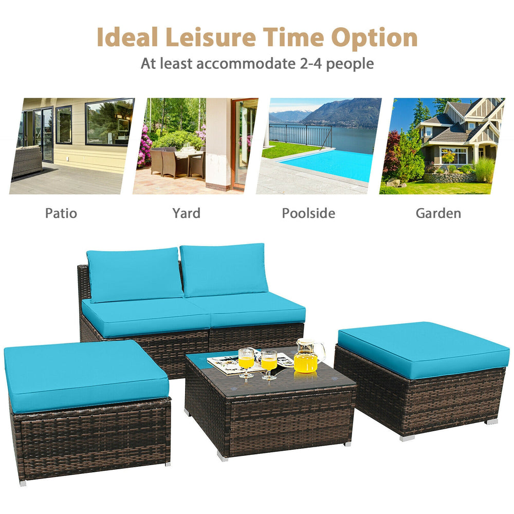 5-piece patio rattan furniture set with turquoise cushions, including armless sofa and coffee table, ideal for outdoor.