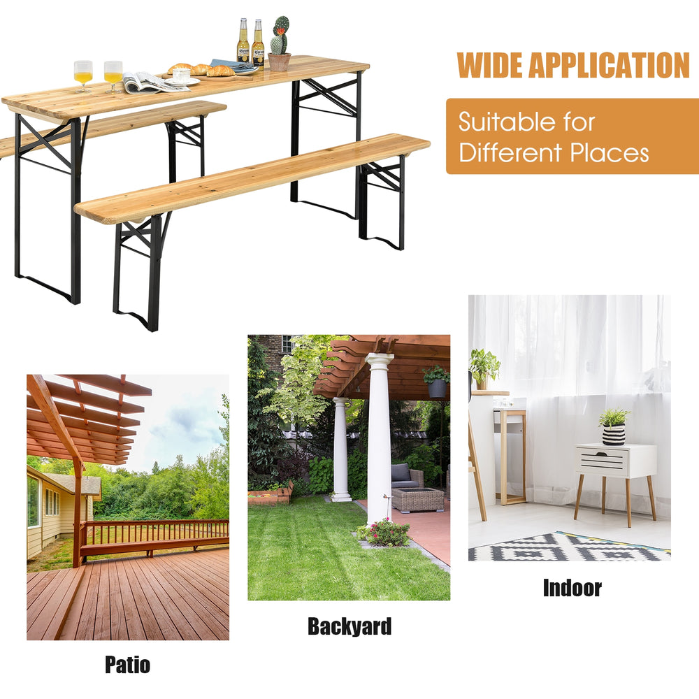 Folding wooden picnic table and bench set with natural wood grain, ideal for patio, backyard, or indoor use.