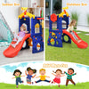 Freestanding 6-in-1 kids slide with basketball hoop, designed for indoor and outdoor fun, made of non-toxic HDPE.