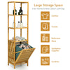 Bamboo tower hamper organizer with 3-tier shelves, featuring a tilt-out design for easy laundry access and storage.