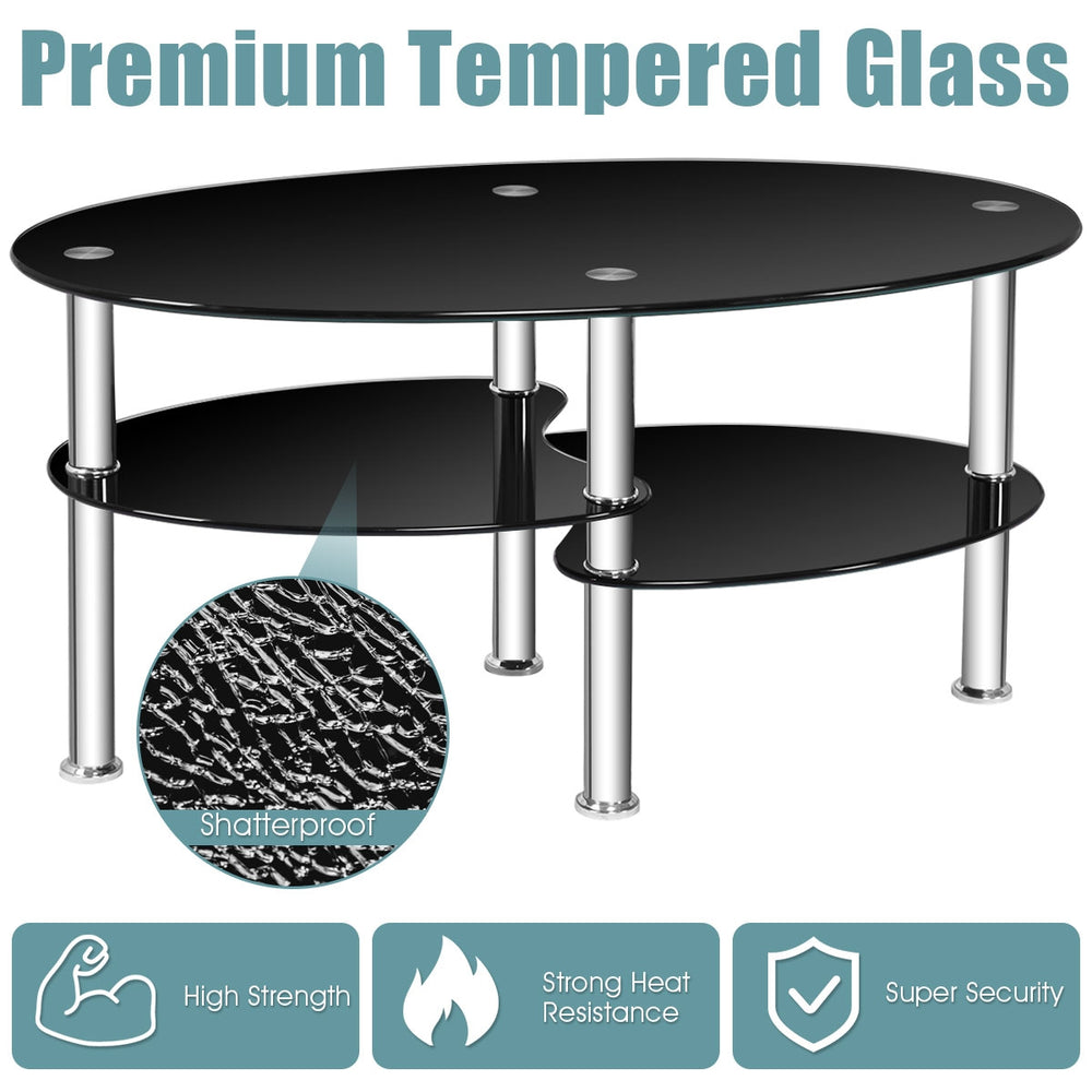 Close-up view of the textured surface of the black tempered glass oval coffee table, showcasing its elegant design and.