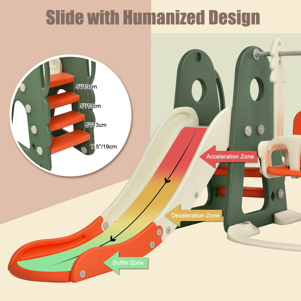 Toddler slide and swing set in orange with 6 activities, featuring a long slide and anti-slip steps for safe play.