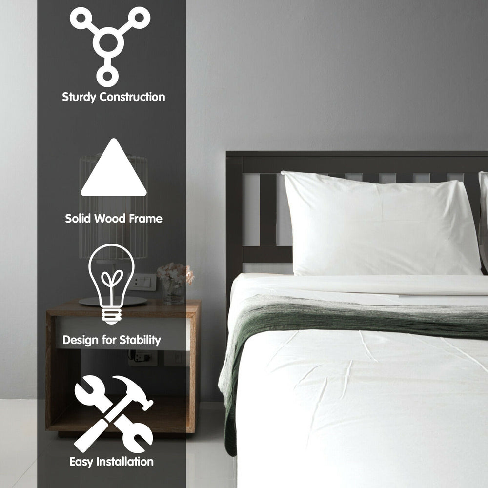 Full size wood platform bed with headboard, solid wood frame, sturdy construction, ideal for bedroom or apartment use.