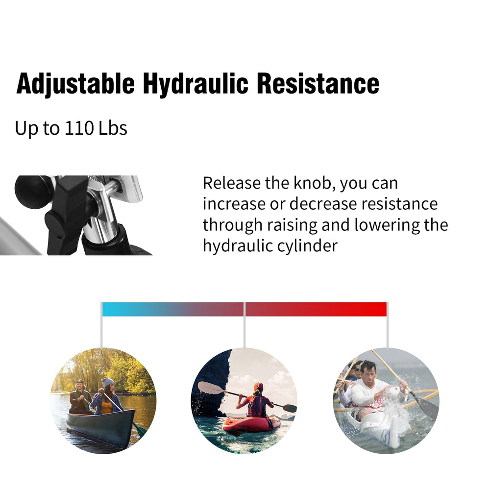 Adjustable hydraulic resistance rowing machine with up to 110 lbs resistance for versatile home workouts.