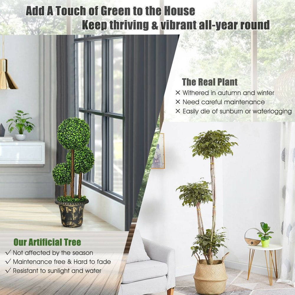36-inch artificial topiary triple ball tree with vibrant green PE leaves and real wood rattan, ideal for indoor and.