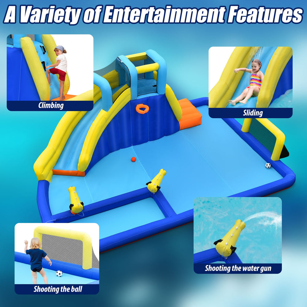 Inflatable water slide jumping house with climbing, sliding, and shooting features, perfect for summer fun for kids.
