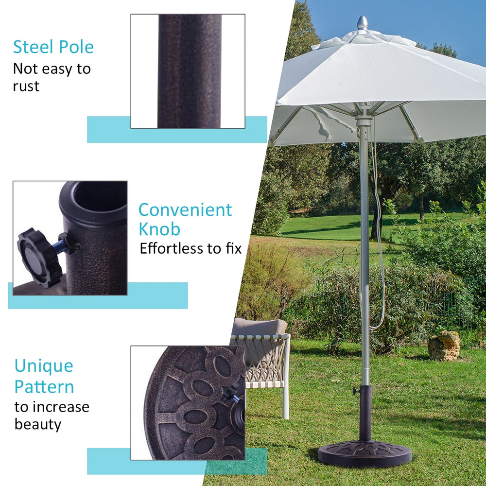 Heavy-duty 30lbs patio umbrella base with a decorative bronze finish and steel pole for secure support outdoors.