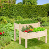 2-tier wooden elevated planter box made of fir wood, featuring drainage holes, ideal for balcony and yard gardening.