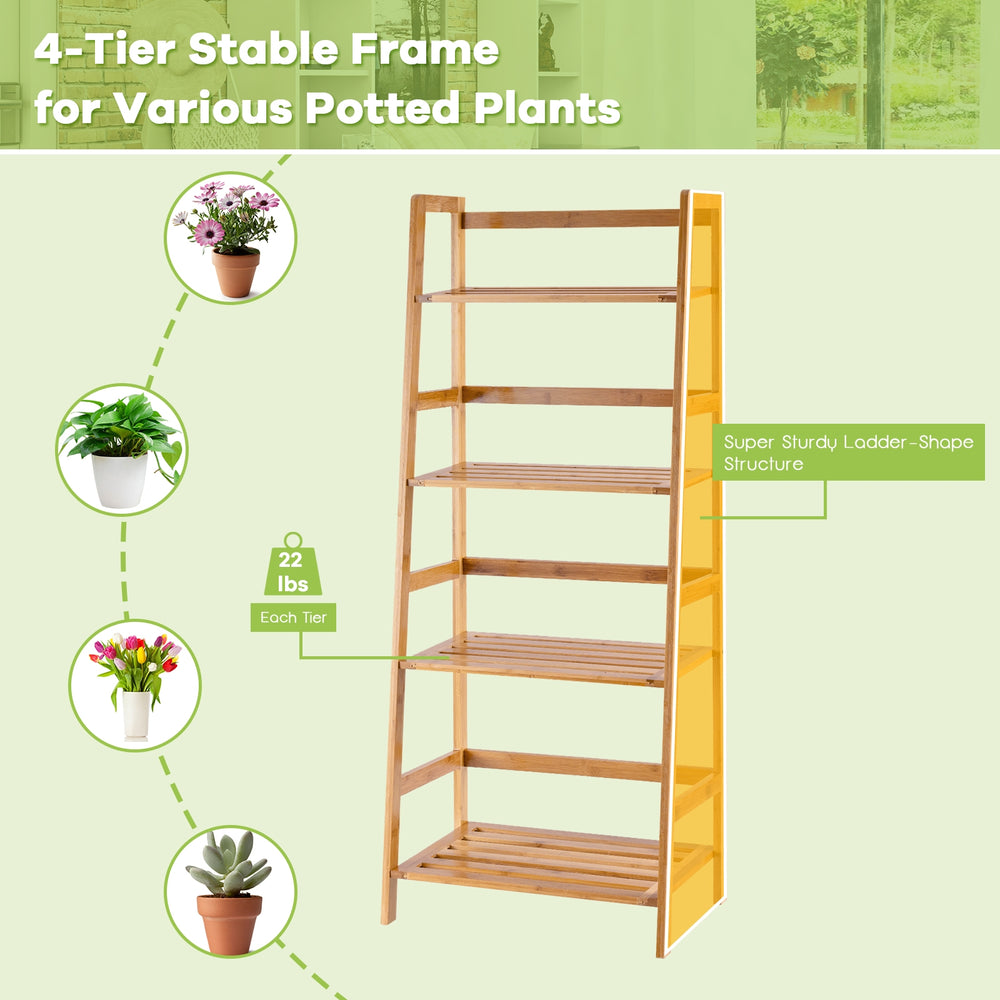 4-tier bamboo plant rack with guardrails, stable trapezoidal design, ideal for organizing potted plants in any room.