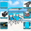 Portable folding camping canopy chairs in blue with cup holder and cooler bag, perfect for outdoor relaxation.