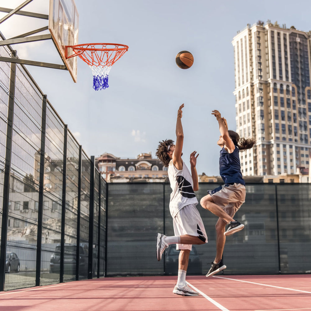 18-inch red basketball rim with all-weather net, designed for durability and strong resistance for outdoor play.