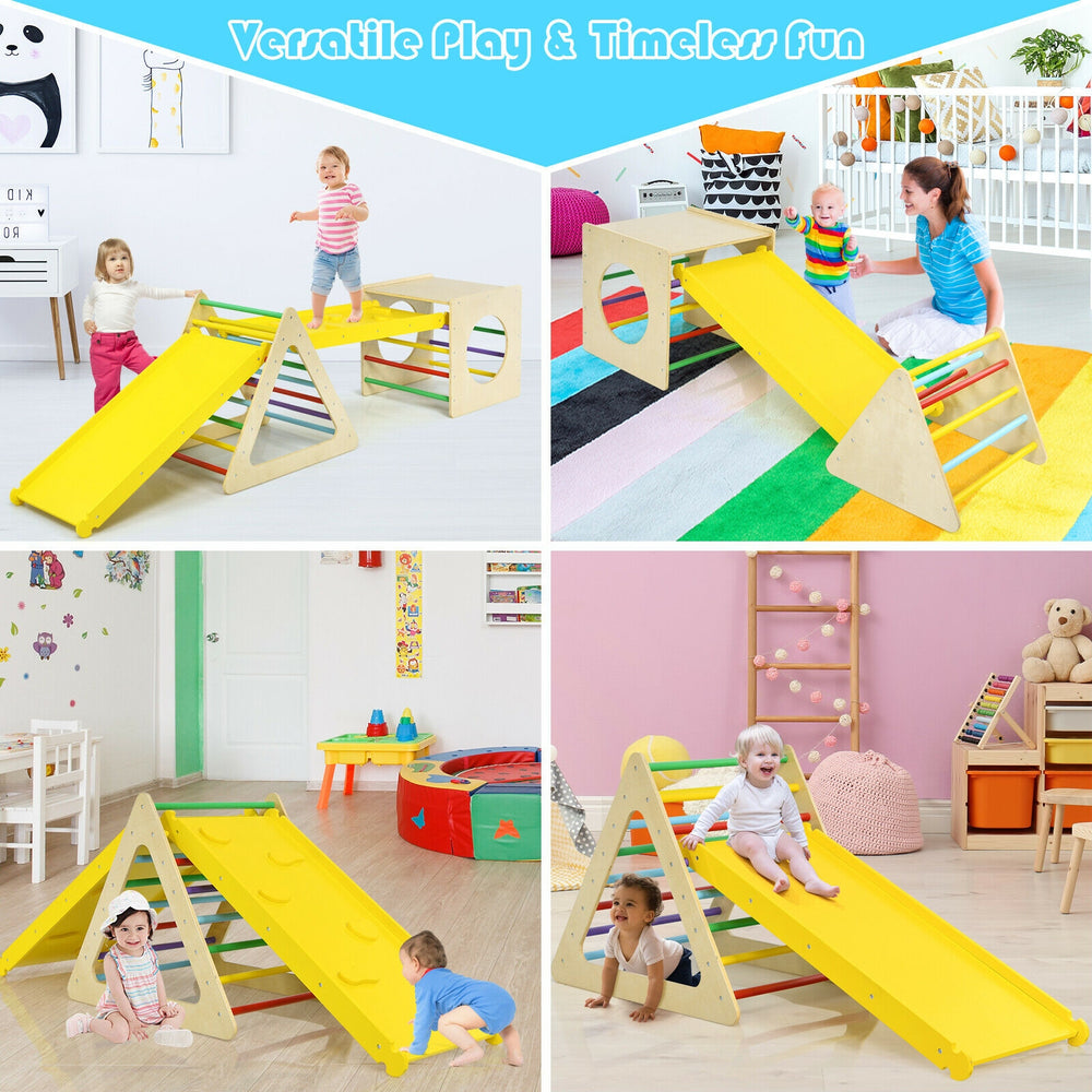 Kids triangle climber play gym set with dual-side slide and tunnel design for safe climbing and sliding fun.