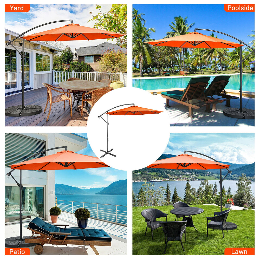 10 feet orange offset umbrella with 8 ribs, ideal for patio, poolside, or lawn use, featuring a sturdy cross base.