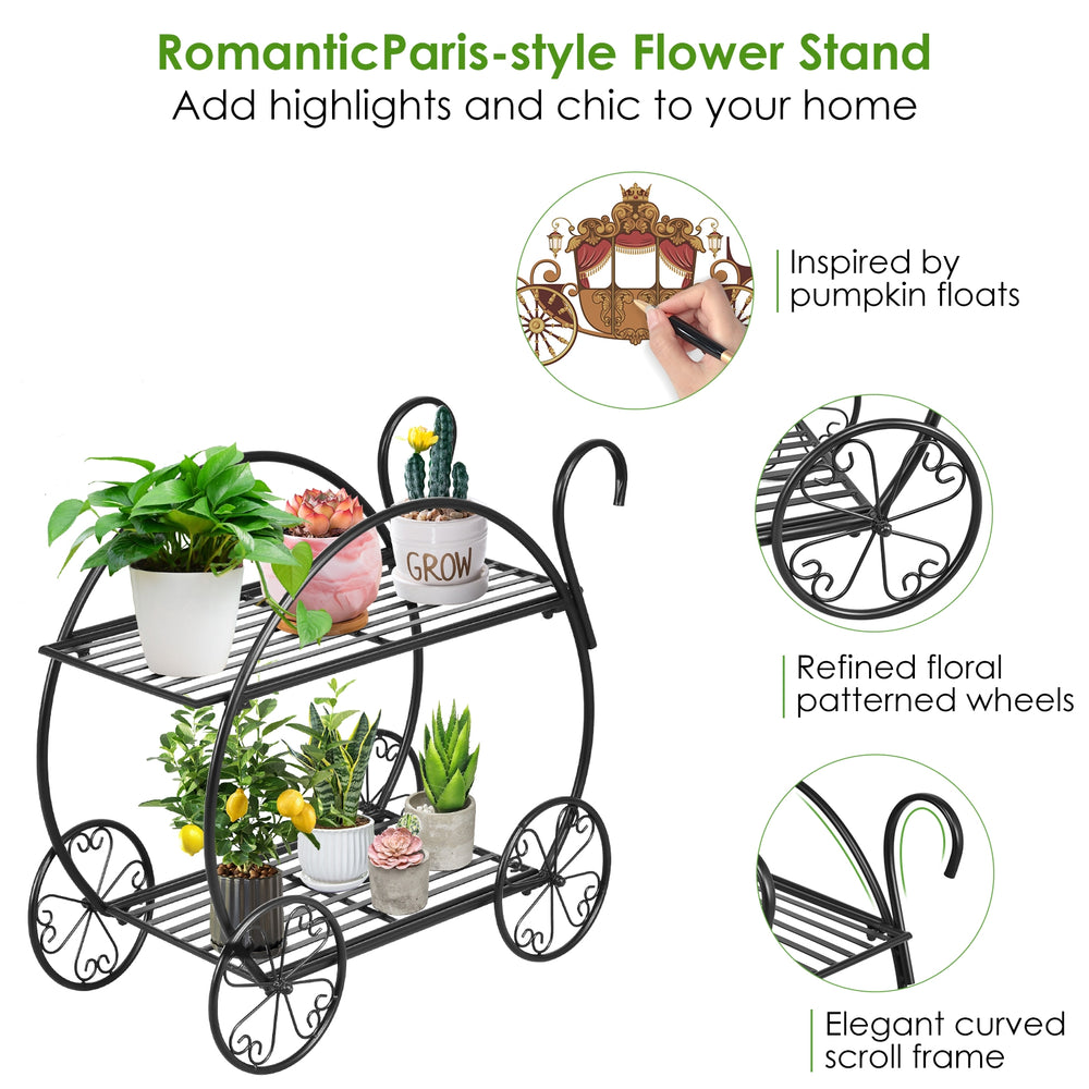 Two-tier metal flower cart plant stand with a refined floral patterned wheel design, perfect for showcasing potted.