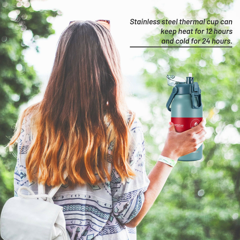 44oz gray stainless steel sports water bottle with vacuum insulation, leakproof design, perfect for outdoor activities.
