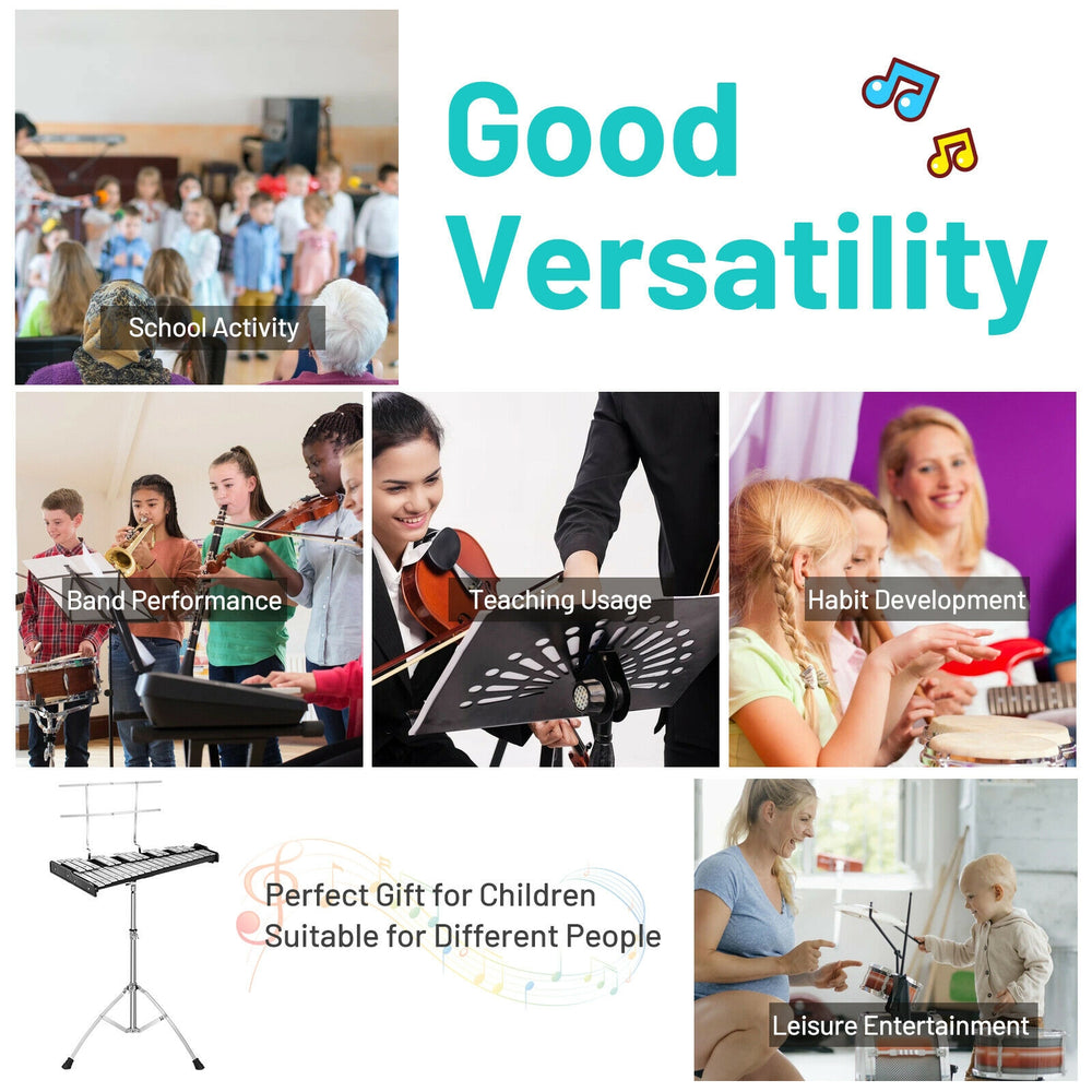 32-note glockenspiel xylophone with adjustable stand, perfect for school activities and versatile music performances.
