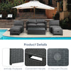 6-piece gray patio rattan furniture set with cushioned seats, glass table, and anti-slip footpads for outdoor.