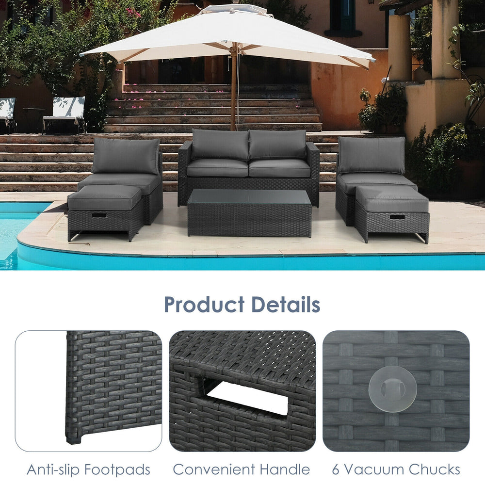 6-piece gray patio rattan furniture set with cushioned seats, glass table, and anti-slip footpads for outdoor.