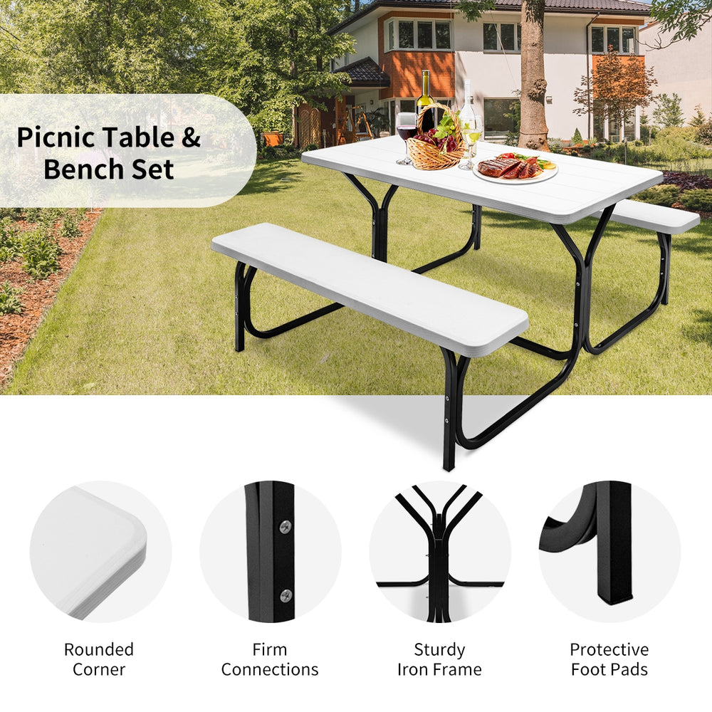 Picnic table and bench set in white, made of HDPE with rounded corners, perfect for outdoor camping and gatherings.