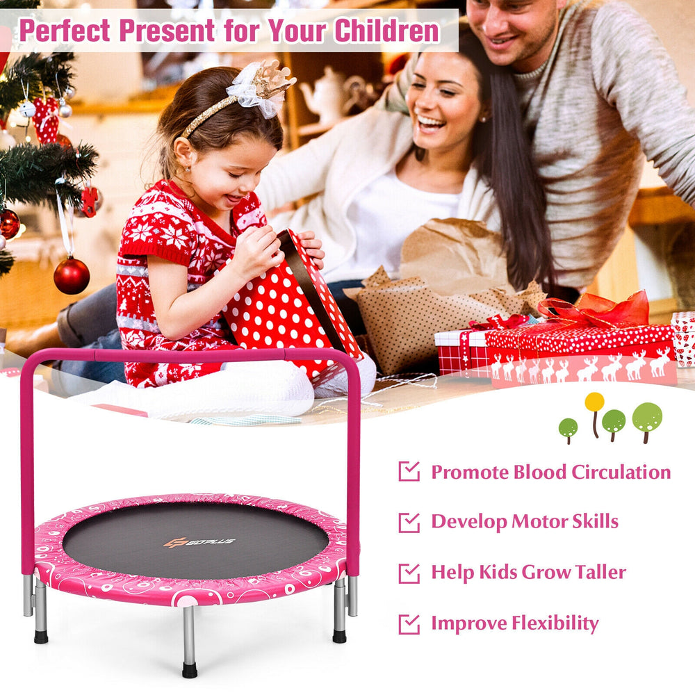 36-inch pink kids trampoline with full covered handrail, designed for safe indoor and outdoor fun for ages 3-10.