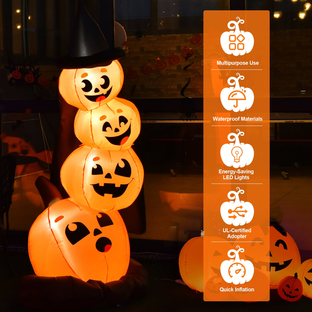 7 feet Halloween inflatable pumpkin combo with witch's hat, featuring LED lights for a festive atmosphere.