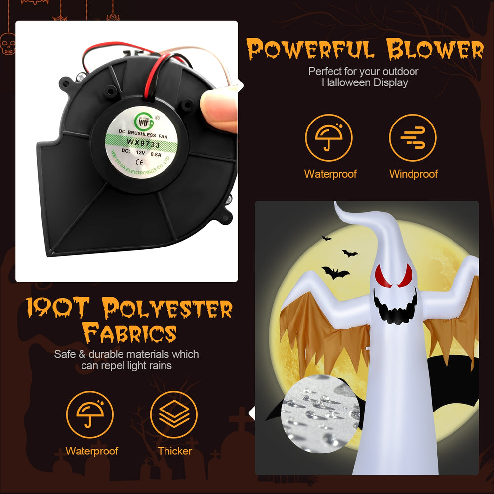 8-foot Halloween inflatable ghost with rotatable flame LED lights, made of waterproof polyester fabric for outdoor use.
