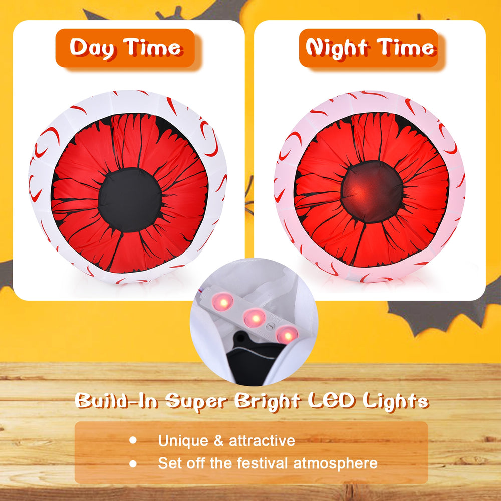 3-foot Halloween inflatable eyeball with vivid bloodshot patterns and built-in red LED lights for a spooky atmosphere.