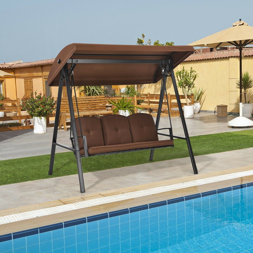 Outdoor 3-seat porch swing with adjustable canopy and cushions in coffee color, perfect for backyard relaxation.