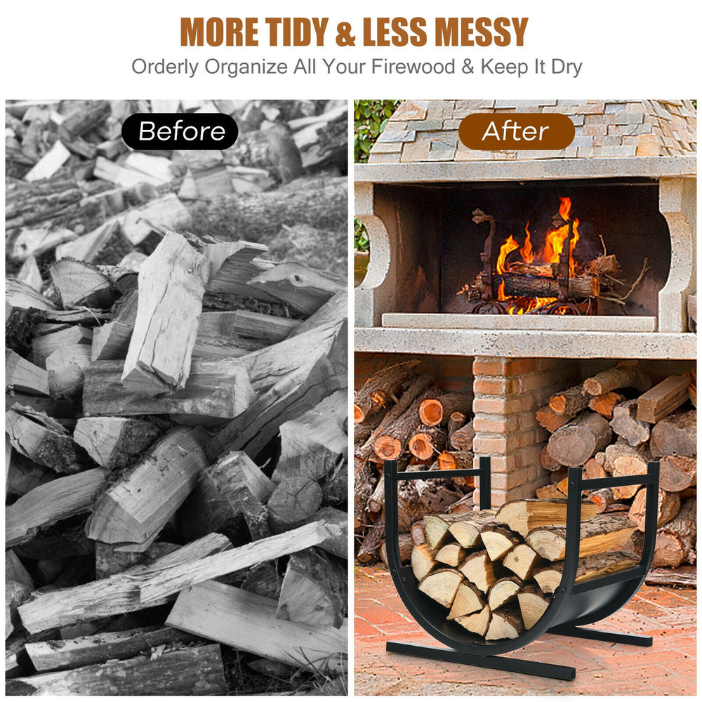 U-shaped 17-inch firewood rack made of heavy-duty steel, designed for efficient wood storage and display indoors or.