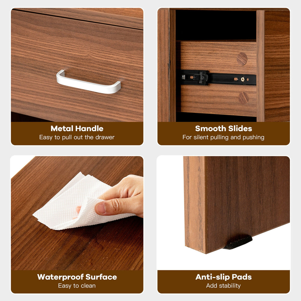 Close-up of the nightstand's metal handle and smooth drawer slides, featuring a waterproof surface and anti-slip pads.