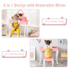 Kids vanity dressing table set in pink with removable mirror, 360-degree rotation, and three storage drawers for makeup.