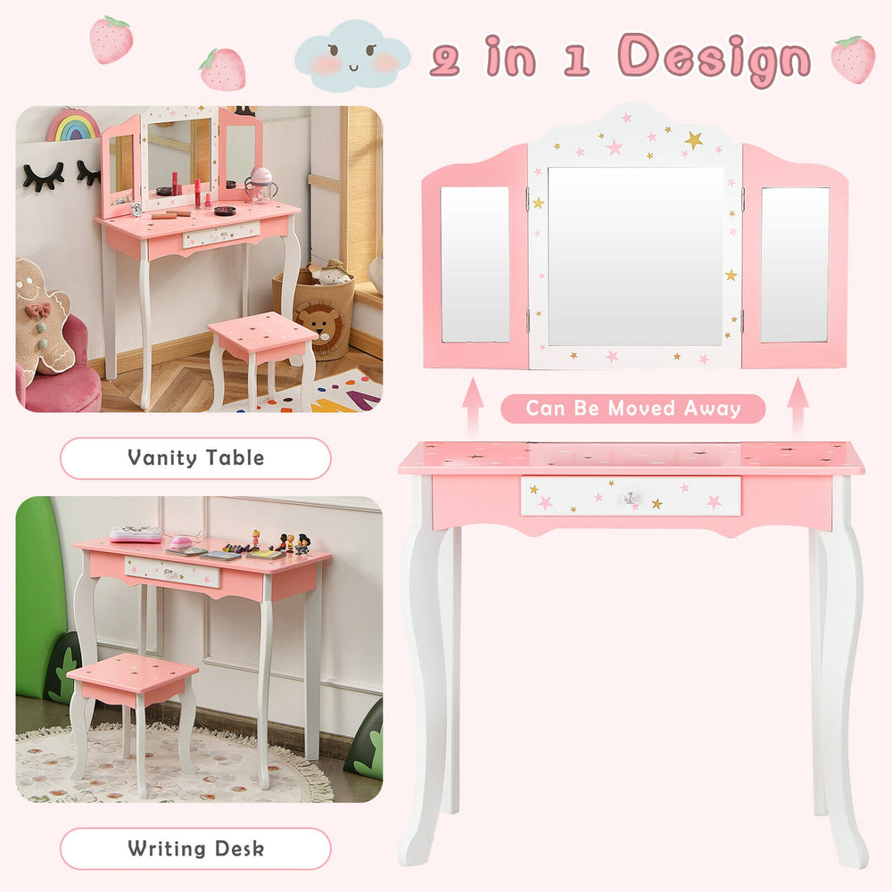 Kids pink vanity table with tri-folding mirror and detachable design, perfect for play or study in a child's room.