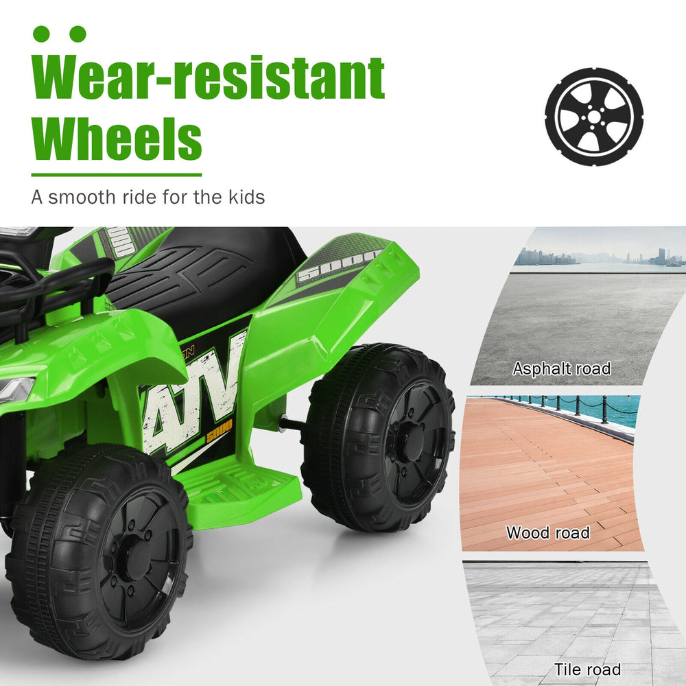 Wear-resistant wheels of the 6V Kids ATV Quad, suitable for wood, asphalt, and tile roads for safe riding.