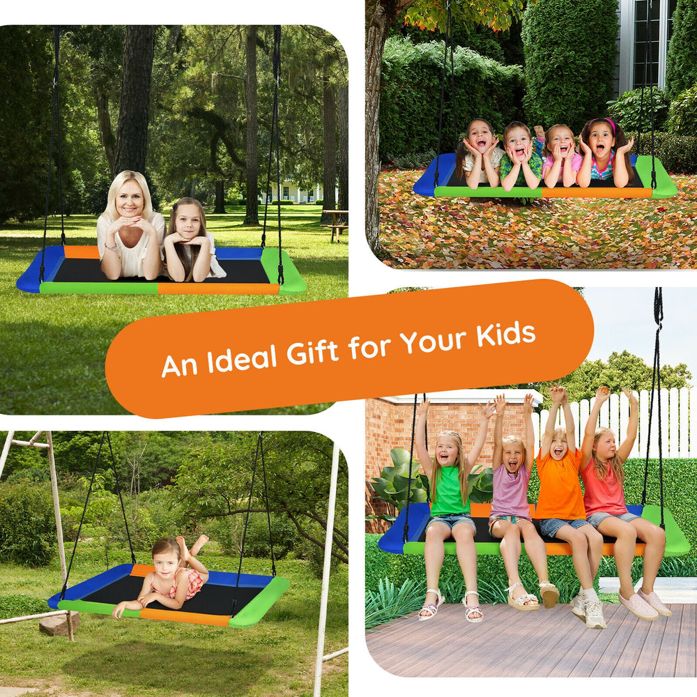 Platform tree swing with adjustable height, made of durable oxford cloth and metal frame, ideal for kids' outdoor fun.