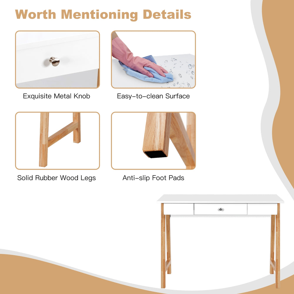 Close-up of the computer desk's white P2MDF surface, featuring a spacious drawer and solid rubberwood legs for.