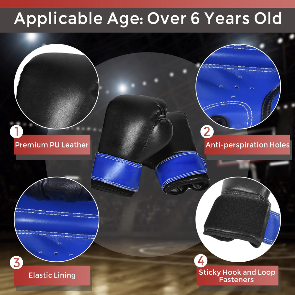 Blue boxing gloves made of premium PU leather with elastic lining and anti-perspiration holes for kids over 6 years old.