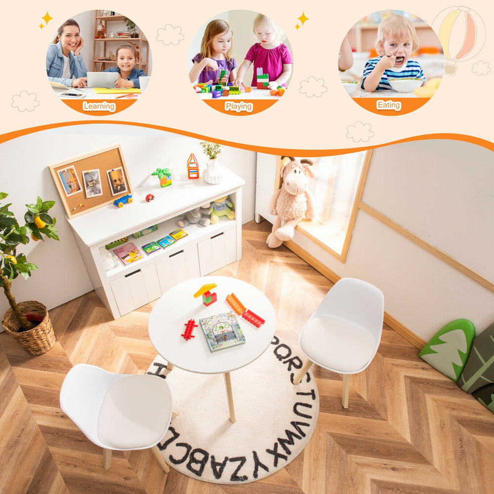 Kids activity play table with two white chairs, featuring beech legs, ideal for learning, playing, and eating.