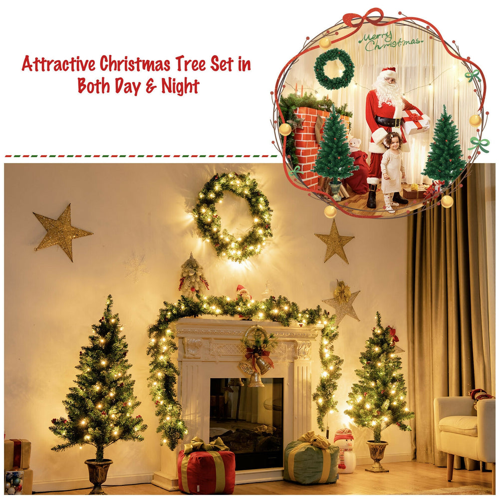 4-piece Christmas decoration set featuring pre-lit entrance trees, wreath, and garland for festive home decor.