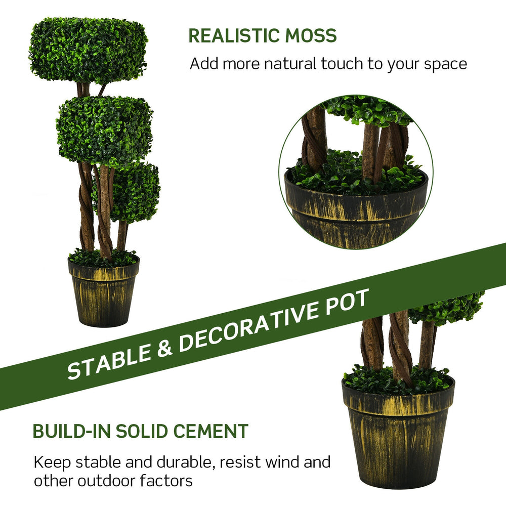 Artificial 36-inch boxwood topiary tree with three trunks, stable cement base, and realistic green foliage for indoor.