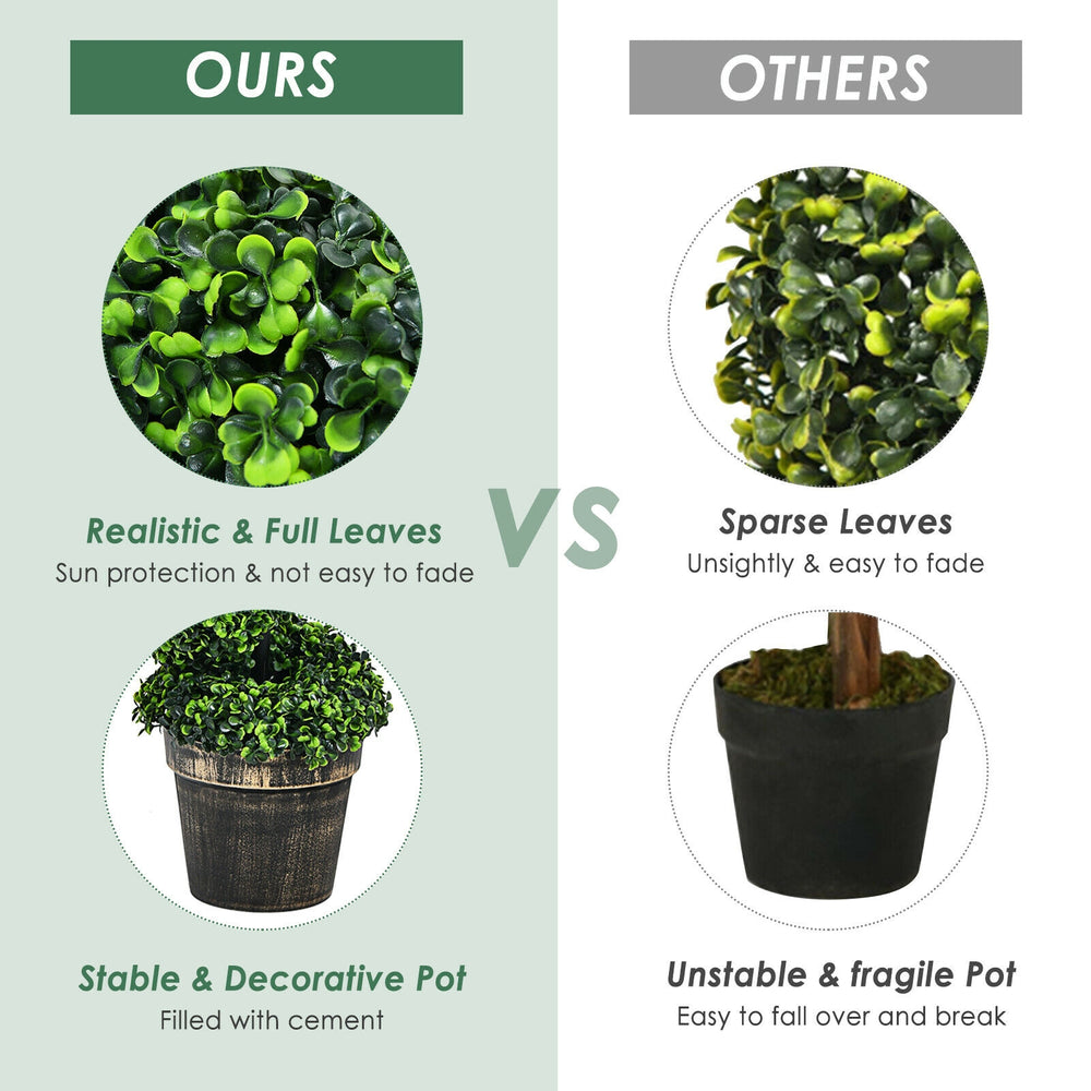 4 FT artificial spiral boxwood topiary in cement-filled golden pot, ideal for indoor and outdoor decor, eco-friendly.