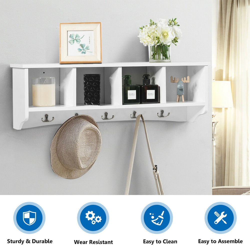 Wall-mounted storage cabinet with four compartments and five hooks, made of sturdy density board for entryway.
