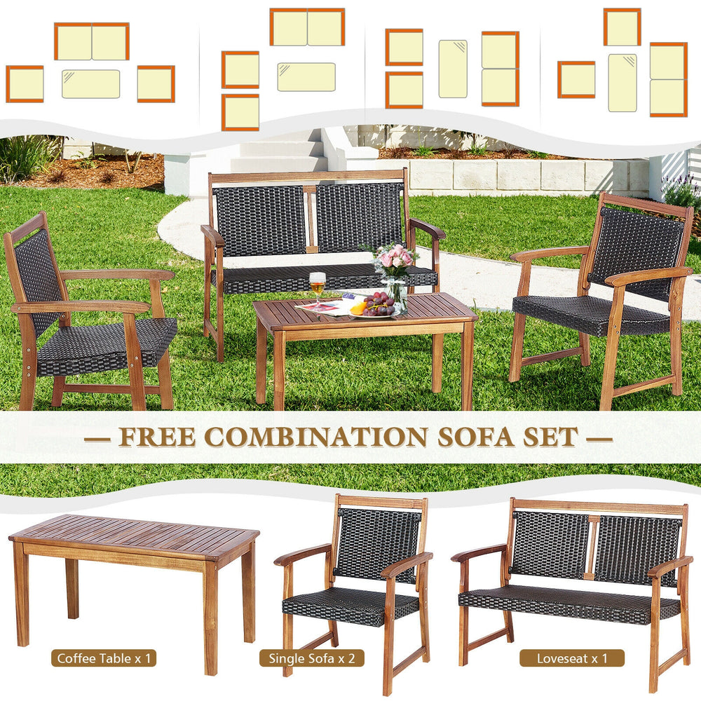 Outdoor patio rattan furniture sofa set featuring acacia wood frame, including loveseat, single sofas, and coffee table.