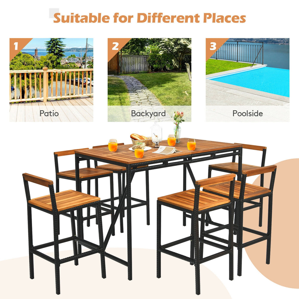 7-piece acacia wood patio rattan bar set with umbrella hole, perfect for outdoor dining in backyard, garden, or.